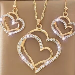 Heart Pendant & Earrings - Sparkling Interlocking Gold Color Alloy & Rhinestones